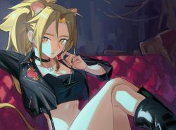 Rule 34 | 1girl, animal ears, arknights, black choker, black jacket, black nails, boots, candy, chaise longue, choker, cropped jacket, crossed legs, female focus, food, hair between eyes, highres, jacket, jewelry, light particles, lollipop, mare funo, nail polish, necklace, orange eyes, parted bangs, parted lips, ponytail, reclining, siege (arknights), sitting, solo