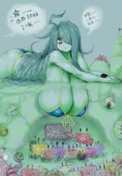 Rule 34 | 1girl, 2b-ge, ahoge, ass, bikini, blue bikini, blush, breasts, bulging eyes, chalkboard, chestnut mouth, clam, crab, eyelashes, female focus, green theme, grey background, hair over one eye, half updo, hanging breasts, highres, huge breasts, in water, japanese text, looking at viewer, lying, mei&#039;s mom (2b-ge), mei (2b-ge), micro bikini, offscreen person, open mouth, original, shell, shiny skin, solo, spot color, swimsuit, teaching, thick thighs, thighs, translation request, water