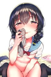 Rule 34 | 1girl, absurdres, bed sheet, black hair, black socks, blue sailor collar, blush, bottomless, bow, bowtie, braid, breasts, collarbone, covering privates, covering crotch, female masturbation, groin, hair between eyes, hair bow, hair over shoulder, heart, heart-shaped pupils, highres, holding, ichihaya, leaning forward, long hair, low twintails, male underwear, masturbation, navel, nipples, no shoes, original, red bow, red bowtie, red eyes, sailor collar, school uniform, serafuku, small breasts, smelling, smelling clothes, smelling underwear, smile, socks, solo, sparkle, sweat, symbol-shaped pupils, tongue, tongue out, twin braids, twintails, underwear, white background, yellow bow