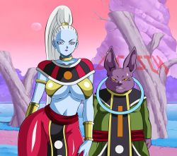 Rule 34 | 10s, 1boy, 1girl, bracelet, breasts, champa (b88272306), cleavage, curly hair, dicasty, dragon ball, dragon ball super, hip focus, jewelry, large breasts, lipstick, long hair, makeup, navel, ponytail, purple lips, stomach, vados (dragon ball), very long hair, wide hips