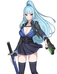 Rule 34 | 1girl, absurdres, belt, black belt, black jacket, black skirt, black thighhighs, blue eyes, blue hair, blush, breasts, cleavage, closed mouth, copyright request, gluteal fold, gun, handgun, high-waist skirt, highres, holding, holding gun, holding sword, holding weapon, jacket, katana, large breasts, laser, laser pointer projection, laser sight, looking at viewer, open clothes, open jacket, pistol, pointy ears, ponytail, rktlek159, simple background, skirt, smile, solo, standing, sword, thighhighs, weapon, white background, zettai ryouiki