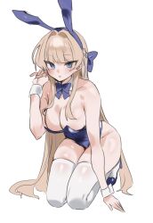 Rule 34 | 1girl, animal ears, blonde hair, blue archive, blue eyes, blue footwear, bow, bowtie, breasts, cleavage, detached collar, fake animal ears, highres, ichi (itinoe89), kneeling, large breasts, leotard, long hair, looking at viewer, official alternate costume, playboy bunny, rabbit ears, simple background, solo, strapless, strapless leotard, thighhighs, toki (blue archive), toki (bunny) (blue archive), very long hair, white background, white thighhighs, wrist cuffs