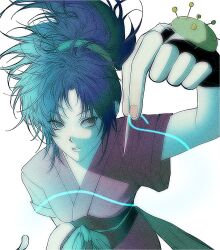Rule 34 | 1girl, black eyes, blue hair, fingerless gloves, from above, gloves, holding, holding needle, hunter x hunter, japanese clothes, long hair, looking at viewer, machi komacine, needle, nen (hunter x hunter), pincushion, ponytail, sash, sewing needle, sewing pin, short sleeves, simple background, solo, sr draw, thread, upper body, white background