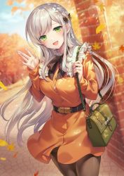 Rule 34 | 1girl, :d, autumn, autumn leaves, bag, belt, blush, bow, braid, breasts, commentary, day, dress, falling leaves, frills, gomashio ponz, green eyes, grey hair, hair ornament, hair ribbon, large breasts, leaf, long hair, long sleeves, looking at viewer, open mouth, original, outdoors, pantyhose, ribbon, shoulder bag, smile, solo
