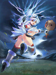Rule 34 | 1girl, ass, blush, breasts, capcom, cloud, elbow gloves, field, gloves, grass, hairband, hammer, horns, kirin (armor), lake, large breasts, lightning, monster hunter (series), open mouth, red eyes, single horn, sky, smile, solo, tenro aya, thighhighs, underboob, weapon, white hair