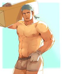 Rule 34 | 1boy, abs, arbbun, bara, box, bulge, carrying over shoulder, commentary request, facial hair, feet out of frame, gloves, goatee, head scarf, large pectorals, male focus, male pubic hair, male underwear, male underwear pull, mature male, muscular, muscular male, navel, navel hair, nipples, original, pectorals, pubic hair, pubic hair peek, short hair, sideburns, solo, stomach, stubble, sunlight, sweat, sweatdrop, tan, tanline, thick thighs, thighs, topless male, underwear, underwear only, white gloves