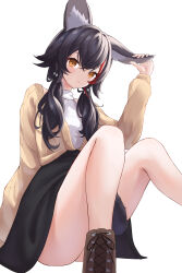 Rule 34 | 1girl, absurdres, animal ear fluff, animal ears, black hair, black skirt, blush, breasts, brown footwear, highres, hololive, long hair, looking at viewer, low twintails, medium breasts, multicolored hair, official alternate costume, ookami mio, ookami mio (casual), p-tomi, red hair, shirt, shoes, skirt, solo, streaked hair, tail, tail around own leg, twintails, virtual youtuber, white background, white shirt, wolf ears, wolf girl, wolf tail, yellow eyes