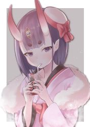 Rule 34 | 1girl, bad id, bad pixiv id, blush, border, bow, dark, drinking straw, fate/grand order, fate (series), fur, gem, grey background, hamalu, hat, hat bow, highres, holding, horns, japanese clothes, kimono, light particles, long sleeves, looking at viewer, mini hat, outside border, pink kimono, pointy ears, purple eyes, purple hair, red bow, shawl, short hair, shuten douji (dress for demons) (fate), shuten douji (fate), simple background, skin-covered horns, solo, thick eyebrows, tsurime, two-handed, upper body, white border, white hat, wide sleeves