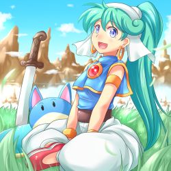 Rule 34 | arabian clothes, asha (monster world), blue eyes, cloud, day, earrings, grass, green hair, jewelry, kitayama miuki, long hair, monster world, monster world iv, open mouth, outdoors, pepelogoo, ponytail, sitting, sky, sword, weapon