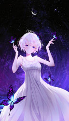 Rule 34 | 1girl, absurdres, bug, butterfly, dress, frilled dress, frills, gradient butterfly, grey hair, highres, insect, jewelry, light smile, moon, nao ri, night, night sky, original, purple eyes, short hair, sky, solo, star (sky), star (symbol), starry sky, white dress, white hair