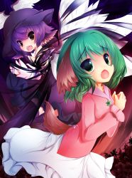 Rule 34 | 2girls, animal ears, bird ears, bird wings, blouse, claws, dress, fang, female focus, forest, green eyes, green hair, hat, hekiryuu, highres, kasodani kyouko, long sleeves, looking at viewer, multicolored background, multiple girls, mystia lorelei, nature, open hand, open mouth, outstretched arm, purple dress, purple hair, shirt, short hair, skirt, tail, teeth, thighhighs, touhou, wings, yellow eyes