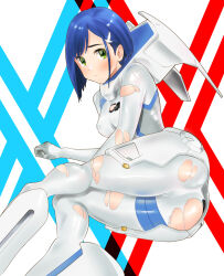Rule 34 | 1girl, ass, asymmetrical hair, blue background, blue hair, blush, bob cut, bodysuit, breasts, commentary, curled fingers, darling in the franxx, feet out of frame, green eyes, hair ornament, hairclip, highres, hood, hood down, ichigo (darling in the franxx), impossible bodysuit, impossible clothes, kwzp2522, light frown, looking at viewer, looking back, lying, medium breasts, on side, pilot suit, red background, short hair, skin tight, solo, swept bangs, torn bodysuit, torn clothes, twisted torso, white background, white bodysuit, worried