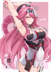 Rule 34 | 1girl, animal ear fluff, animal ears, blush, breasts, cleavage, closed eyes, highres, hololive, hololive english, landacdeus, large breasts, long hair, looking at viewer, multicolored hair, open mouth, panther ears, panther girl, panther tail, pink hair, raora panthera, smile, solo, streaked hair, stretching, tail, virtual youtuber