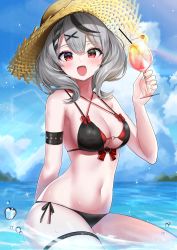Rule 34 | 1girl, :d, absurdres, arm garter, bikini, black bikini, black hair, blue sky, blush, breasts, cloud, commentary request, cup, day, drink, drinking glass, fang, grey hair, hair ornament, hat, highres, holding, holding cup, hololive, korean commentary, kumarang, looking at viewer, medium breasts, mixed-language commentary, multicolored hair, navel, ocean, open mouth, outdoors, partially submerged, red eyes, sakamata chloe, short hair, side-tie bikini bottom, sitting, sky, smile, solo, straw hat, streaked hair, swimsuit, thigh strap, thighs, virtual youtuber, wet, x hair ornament, yellow hat