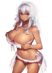 Rule 34 | 1girl, adjusting clothes, bare arms, bare shoulders, bikini, bikini skirt, blush, breasts, bridal veil, cleavage, closed mouth, collarbone, commission, contrapposto, dark-skinned female, dark skin, effort star, flower ornament, frilled bikini, frills, grey hair, hair between eyes, highres, jewelry, large breasts, long hair, looking at viewer, navel, necklace, original, pixiv commission, red eyes, ring, skindentation, solo, stomach, swimsuit, thighs, tiara, veil, white background, white bikini