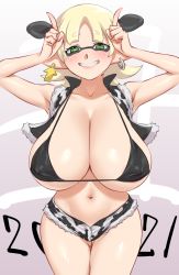 Rule 34 | 1girl, 2021, animal ears, animal print, bikini, bikini top only, blonde hair, breasts, clenched teeth, commentary request, cow ears, cow print, ear piercing, ear tag, fake animal ears, green eyes, hands up, highres, huge breasts, index finger raised, inkling, inkling girl, inkling player character, looking at viewer, mask, navel, nintendo, piercing, short hair, short shorts, shorts, smile, solo, splatoon (series), swimsuit, taka-michi, teeth, thighs
