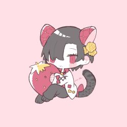 Rule 34 | animal ears, black hair, black pants, cardigan, chibi, chibi only, eyelashes, food, fruit, full body, hair over one eye, leopard girl, leopard tail, looking at viewer, lowres, mole, mole under mouth, omoi (omochan), original, pants, pink background, red shirt, shirt, simple background, smile, solo, strawberry, tail, white cardigan