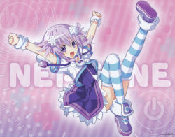 Rule 34 | 10s, 1girl, character name, d-pad, dress, game cg, hair ornament, looking at viewer, neptune (neptunia), neptune (series), official art, open mouth, purple eyes, purple hair, short hair, skirt, smile, solo, striped clothes, striped legwear, striped thighhighs, thighhighs, tsunako