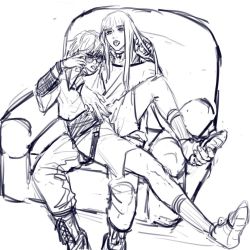 Rule 34 | 2boys, arm around shoulder, armchair, blunt bangs, boots, canute, chair, highres, long hair, looking at viewer, male focus, march tai, monochrome, multiple boys, open mouth, prince, sidelocks, simple background, sitting, sitting on lap, sitting on person, sunglasses, thorfinn, tongue, tongue out, tunic, viking, vinland saga