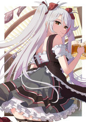 Rule 34 | 1girl, alcohol, alternate costume, apron, azur lane, bare shoulders, barmaid, beer, beer mug, breasts, brown apron, cleavage, cup, detached sleeves, dirndl, dress, from behind, from below, german clothes, large breasts, layered dress, long hair, looking at viewer, mug, oktoberfest, orange eyes, pinafore dress, prinz eugen (azur lane), red hair, skirt, sleeveless dress, solo, taki tohko, twintails, very long hair, waitress, white hair