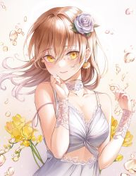 Rule 34 | 1girl, absurdres, breasts, brown hair, closed mouth, collarbone, dress, earrings, flower, freesia (flower), hair between eyes, hair flower, hair ornament, hands up, highres, jewelry, lime namu, looking at viewer, medium breasts, original, solo, white dress, yellow eyes