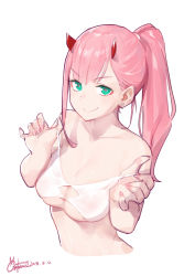 Rule 34 | 10s, 1girl, absurdres, aqua eyes, breasts, comic, commentary, cropped torso, darling in the franxx, dated, gorgeous mushroom, highres, horns, long hair, looking at viewer, medium breasts, pink hair, signature, simple background, smile, solo, undressing, upper body, v-shaped eyebrows, white background, zero two (darling in the franxx)