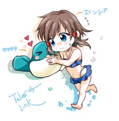 Rule 34 | &gt; &lt;, ayncia (tales), bare shoulders, barefoot, bikini, blue eyes, blush, breasts, brown hair, frills, hair ornament, heart, midriff, namco, open mouth, polwigle (tales), swimsuit, tales of (series), tales of link, wavy mouth