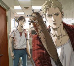 Rule 34 | 2boys, alternate costume, alternate universe, baseball bat, blonde hair, blood, ceiling light, club (weapon), commentary request, ctstudio (executional), denim, eren yeager, highres, holding, holding weapon, indoors, jeans, looking at viewer, mixed-language commentary, multiple boys, nail, nail bat, pants, reiner braun, shingeki no kyojin, short hair, short sleeves, weapon