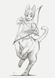 Rule 34 | 1boy, absurdres, aiming, animal ear fluff, animal ears, armor, belt, belt pouch, bow (weapon), cat boy, cat ears, cat tail, centauroid, chilchuck tims, commentary request, dungeon meshi, full body, hair between eyes, highres, holding, holding bow (weapon), holding weapon, leather armor, long sleeves, mado cat02, monochrome, monster boy, monsterification, multiple legs, open mouth, pouch, rearing, scarf, short hair, solo, standing, tail, taur, weapon