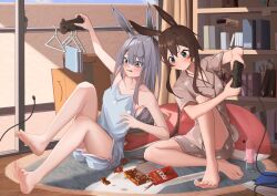 Rule 34 | 2girls, absurdres, alter sang, amiya (arknights), animal ears, animal print, arknights, arm up, bandaid, bandaid on face, bandaid on nose, barefoot, blue eyes, blue shirt, blue shorts, blush, book, bookshelf, bottle, brown shirt, brown shorts, cable, cable malfunction, candy, candy wrapper, clothes hanger, dorsiflexion, feet, food, frostnova (arknights), grey hair, hair between eyes, hair ornament, hairclip, highres, indoors, inflatable orca, inflatable toy, jewelry, knee up, knees up, legs, long sleeves, multiple girls, necklace, playing games, pocky, rabbit ears, rabbit girl, rabbit print, rug, shirt, shorts, sitting, soles, thighs, toenails, toes, v-shaped eyebrows, wrapped candy, xbox controller