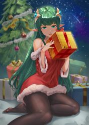 Rule 34 | 1girl, absurdres, black pantyhose, blush, christmas, christmas tree, gift, green hair, hair ornament, highres, holding, kylin (leilla8775), legs, long hair, looking at viewer, night, night sky, no shoes, open mouth, pantyhose, pointy ears, santa costume, sitting, sky, smile, solo, thighs