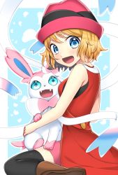 Rule 34 | 1girl, animal ears, animal hands, bad id, bad pixiv id, bare shoulders, black thighhighs, blonde hair, blue background, blue eyes, blush, boots, border, breasts, brown footwear, creatures (company), fangs, female focus, from side, game freak, gen 6 pokemon, happy, hat, highres, looking at viewer, nintendo, open mouth, outline, pink skirt, pokemon, pokemon (anime), pokemon (creature), pokemon xy (anime), red hat, serena (pokemon), short hair, simple background, sitting, skirt, sleeveless, small breasts, smile, solo, sylveon, tail, teeth, thighhighs, wariza, white border, yuihico