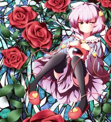 Rule 34 | 1girl, black thighhighs, censored, convenient censoring, female focus, flower, hairband, heart, komeiji satori, long sleeves, looking at viewer, pink eyes, pink hair, red flower, red footwear, red rose, rose, shirt, shoes, sitting, skirt, solo, stained glass, thighhighs, third eye, touhou, ugume, upskirt, wide sleeves