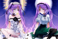 Rule 34 | 2girls, bare shoulders, black ribbon, blush, choker, commentary, dress, dual persona, fate/grand order, fate (series), frilled skirt, frills, full moon, green skirt, hairband, halo, lolita hairband, long hair, looking at viewer, moon, multiple girls, nekoyamiyako, open mouth, puffy short sleeves, puffy sleeves, purple eyes, purple hair, ribbon, shirt, short sleeves, sitting, skirt, smile, stheno (fate), strapless, strapless dress, symmetry, twintails, very long hair, white dress, white shirt