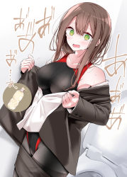 Rule 34 | 1girl, @ @, black one-piece swimsuit, black pantyhose, black skirt, blouse, blush, breasts, brown hair, clothes pull, formal, green eyes, have to pee, highres, long hair, miniskirt, no shoes, ol-chan (oouso), one-piece swimsuit, oouso, open clothes, open shirt, original, pantyhose, pantyhose under swimsuit, pencil skirt, shirt, skirt, skirt pull, skirt suit, solo, suit, sweat, swimsuit, swimsuit under clothes, tears, thighband pantyhose, tight skirt, toilet, translation request, undressing, unworn skirt, urine meter, white shirt