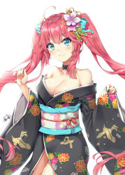 Rule 34 | 1girl, absurdres, ahoge, black choker, black kimono, blue bow, blue eyes, blush, bow, breasts, choker, cleavage, closed mouth, collarbone, commentary request, floral print, flower, hair between eyes, hair bow, hair flower, hair ornament, head tilt, highres, japanese clothes, kimono, large breasts, long hair, long sleeves, obi, off shoulder, pink hair, print kimono, purple flower, sash, signature, simple background, smile, solo, suspenders, taihou (warship girls r), twintails, warship girls r, white background, wide sleeves, zhudacaimiao