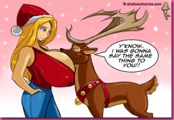 Rule 34 | 1girl, bare arms, bare shoulders, blonde hair, breasts, chelsea charms, christmas, cowboy shot, denim, gigantic breasts, hat, huge breasts, jeans, pants, reindeer, ronzo, santa hat, shonuff44, speech bubble, standing, tagme