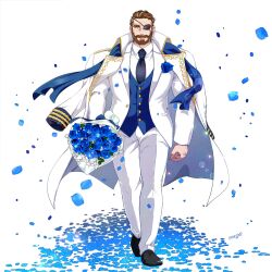 Rule 34 | 1boy, another eidos-r, bara, bart (another eidos), beard, black footwear, black necktie, blue flower, blue rose, blue scarf, blue vest, bouquet, boutonniere, brown hair, coat, coat on shoulders, eyepatch, facial hair, falling petals, flower, full beard, gold trim, highres, holding, holding bouquet, jacket, lapels, male focus, mature male, military coat, multicolored hair, mustache, necktie, open mouth, petals, petals on ground, rose, scarf, simple background, solo, streaked hair, thick eyebrows, vest, walking, white background, white coat, white hair, white jacket, yanai inaya