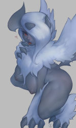 Rule 34 | 1girl, absol, absurdres, ass, body fur, breasts, claws, colored skin, creatures (company), dark nipples, digitigrade, eyelashes, fewer digits, furry, furry female, game freak, gen 3 pokemon, grey background, grey skin, hair over one eye, highres, horns, inverted nipples, large breasts, looking at viewer, mega absol, mega pokemon, nat the lich, nintendo, nipples, nude, personification, pokemon, pokemon xy, red eyes, saliva, saliva trail, simple background, tail, thick thighs, thighs, white fur, white hair