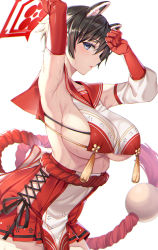 Rule 34 | 1girl, animal ears, arm up, armpits, black eyes, black hair, blue archive, breast curtain, breasts, elbow gloves, from side, gloves, halo, highres, hip vent, huge breasts, large breasts, looking at viewer, miniskirt, mokyu, pleated skirt, raccoon ears, red gloves, red sailor collar, red skirt, rope, sailor collar, shimenawa, short hair, sideboob, sideless outfit, sideways glance, skirt, solo, sweat, tabard, tassel, tsubaki (blue archive), underboob