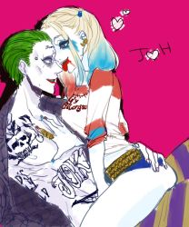 Rule 34 | clown, dc comics, dccu, green hair, harley quinn, highres, jared leto, legs, pink background, suicide squad, tagme, the joker, tongue, tongue out