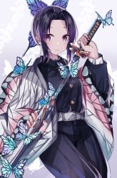 Rule 34 | 1girl, absurdres, animal, belt, belt buckle, black jacket, black pants, blush, buckle, bug, butterfly, butterfly hair ornament, closed mouth, commentary request, glint, grey background, hair ornament, highres, holding, holding sheath, holding sword, holding weapon, insect, jacket, katana, kimetsu no yaiba, kochou shinobu, long sleeves, looking at viewer, norazura, open clothes, pants, parted bangs, purple hair, red eyes, sheath, sidelocks, solo, sword, unsheathing, weapon, white belt, wide sleeves