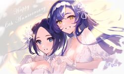 2girls blue_eyes blue_hair blurry blurry_background breasts cleavage dare_ga_tame_no_alchemist dress flower gloves hair_between_eyes hair_flower hair_ornament hairband highres kalmia_(dare_ga_tame_no_alchemist) large_breasts long_hair looking_at_viewer multiple_girls official_art open_mouth parted_bangs priscilla_(dare_ga_tame_no_alchemist) short_hair smile uessa upper_body white_dress white_flower white_gloves white_hairband yellow_eyes