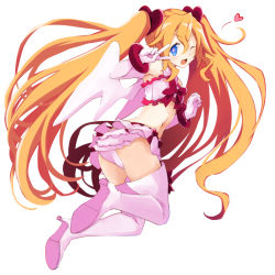 Rule 34 | 1girl, ass, bare shoulders, blush, boots, breasts, crop top, disgaea, disgaea d2, double bun, elbow gloves, flonne, flonne (fallen angel), frilled skirt, frills, from behind, full body, gloves, hair between eyes, hair bun, happy, heart, high heels, highres, iwashi dorobou -r-, long hair, looking at viewer, navel, one eye closed, open mouth, panties, pink footwear, pink gloves, pink panties, pink skirt, simple background, skirt, small breasts, smile, solo, thigh boots, thighhighs, twintails, underwear, v, white background, wings