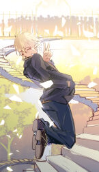 Rule 34 | 1boy, atou haruki, black jacket, black pants, blonde hair, brown footwear, brown sweater, commentary, cross-laced footwear, fengtian (artist), grin, hand in pocket, highres, jacket, jumping, long sleeves, male focus, open clothes, open jacket, pants, ribbed sweater, saibou shinkyoku, shoes, short hair, smile, solo, stairs, sweater, v