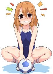 Rule 34 | 1girl, ^^^, absurdres, ball, blue one-piece swimsuit, brown eyes, brown hair, competition school swimsuit, covered navel, flat chest, full body, grin, hair between eyes, highres, idolmaster, idolmaster cinderella girls, looking at viewer, one-piece swimsuit, school swimsuit, shoes, short hair, simple background, smile, sneakers, soccer ball, socks, solo, spread legs, squatting, swimsuit, telstar, thighs, white background, white footwear, white socks, yoshi tama, yuuki haru