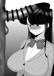 1boy 1girl bar_censor black_hair blush breasts censored cheating_(relationship) dark-skinned_male dark_skin erection gradient_background greyscale highres huge_breasts komi-san_wa_komyushou_desu komi_shouko large_penis leg_tattoo long_hair male_pubic_hair monochrome necktie own_hands_together penis penis_awe pubic_hair school_uniform sidelocks simple_background solo_focus striped_necktie tattoo testicles veins veiny_penis yamino_kuroko