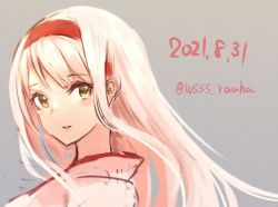 Rule 34 | 1girl, commentary request, dated, grey background, hairband, headband, highres, japanese clothes, kantai collection, long hair, looking at viewer, parted lips, red hairband, red headband, shoukaku (kancolle), simple background, smile, solo, twitter username, upper body, white hair, wss (nicoseiga19993411)