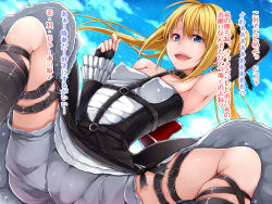 Rule 34 | 1girl, armpits, bad id, bad pixiv id, bare shoulders, blonde hair, blue eyes, day, dead or alive, dead or alive 5, eizan, giji eizan, hair ornament, hairclip, highres, marie rose, open mouth, sky, smile, solo, spread legs, text focus, translation request