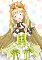 Rule 34 | 1girl, blonde hair, bow, butterfly hair ornament, celine (fire emblem), closed eyes, covering own mouth, cowboy shot, crown, detached sleeves, dress, dress bow, facing viewer, fire emblem, fire emblem engage, flat chest, flower, green bow, hair flower, hair ornament, hand over own mouth, highres, long hair, nintendo, open mouth, orange bow, patty ojisan, simple background, solo, very long hair, wrist bow